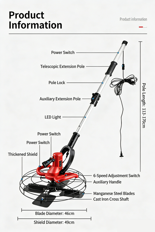 Electric Concrete Trowel with Extension Rod Wall Smoothing Polishing 6 Speed