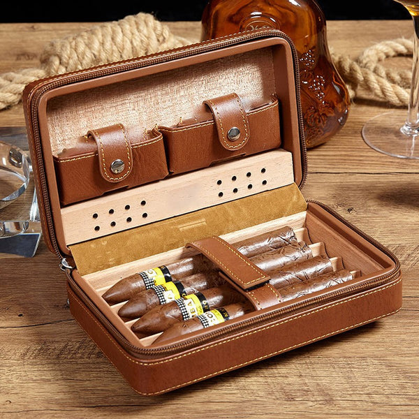 4-Finger Cigar Humidor Travel Cigar Case Holder Storage Wood Leather Box Gift AU
