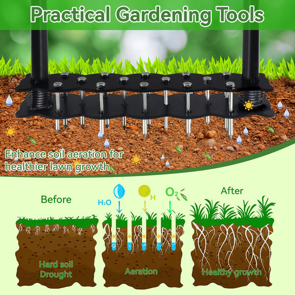 Manual Lawn Aerator Tool 14 Metal Spikes Grass Soil Aerator Ergonomic T-Handle