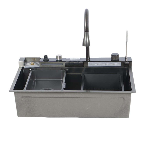 Kitchen Sink Single Bowl Basin Stainless Steel Bar w/Digital Faucet & Cup Washer