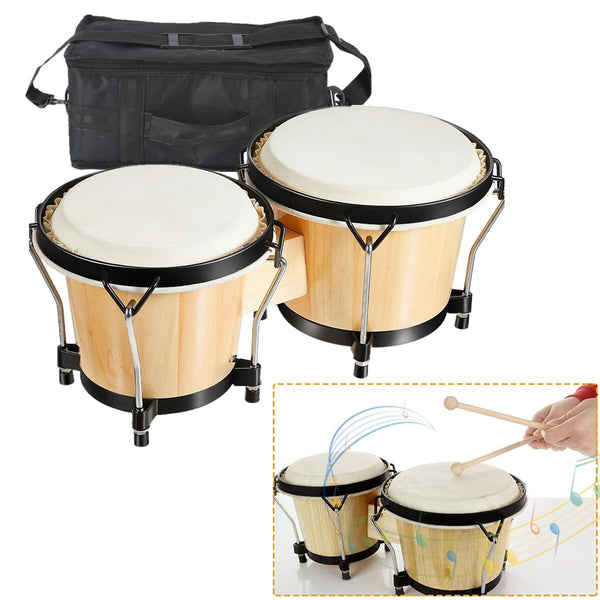 Bongo Drums 6”7” Wood Percussion Bongos for Kids Adults Beginners Natural Finish