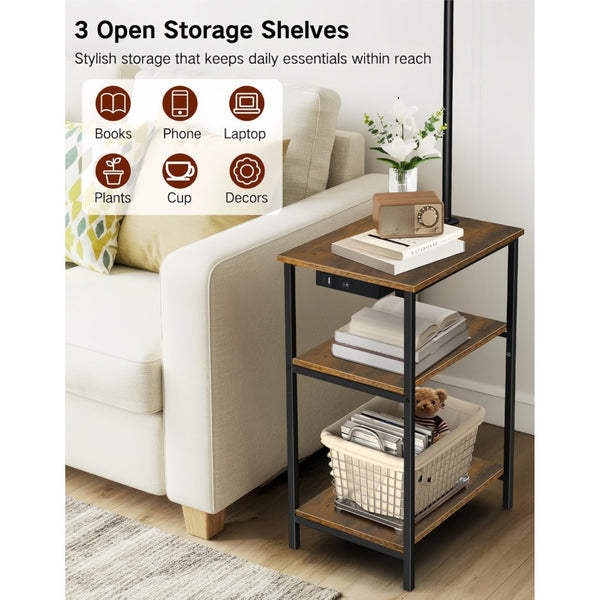 Standing End Side Table Floor Lamp 3-Tier Storage Shelves with Charging Station