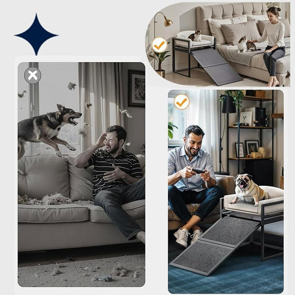 Pet Bunk Bed Sofa with Foldable Ramp Dog/Cat Window Perch With Stair Light Beige