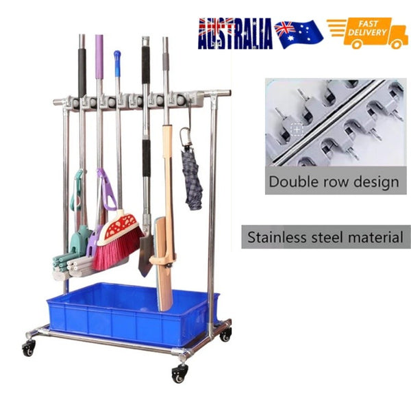 Broom Hanger Mop Holder with Drain basket Movable Mop Rack Cleaning Tool Cart AU