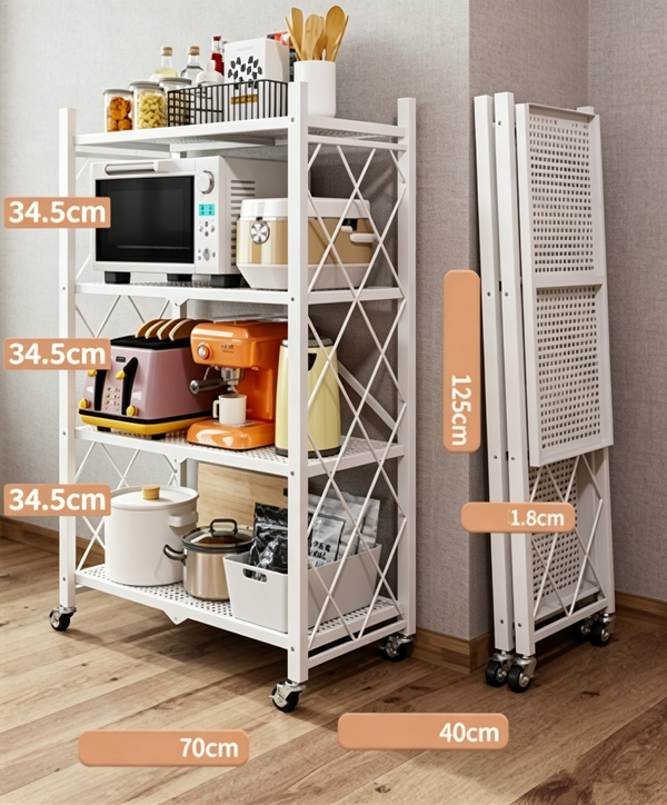 4Tier Folding Shelf with Wheel Storage Rack Cart for Kitchen Pantry Laundry Room