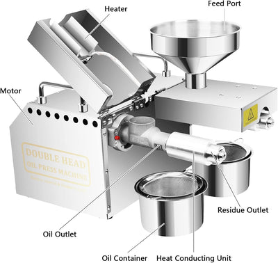Electric Oil Press Machine 1500W Double Outlets Stainless Steel Oil Expeller AU