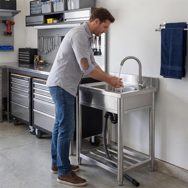 Stainless Steel Commercial Kitchen Sink Free Standing with Cold&Hot Water Faucet