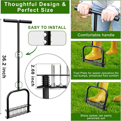 Manual Lawn Aerator Tool 14 Metal Spikes Grass Soil Aerator Ergonomic T-Handle