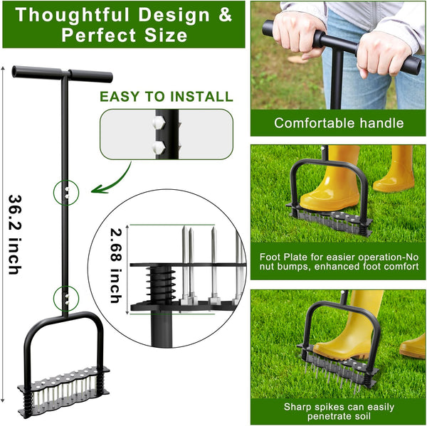 Manual Lawn Aerator Tool 14 Metal Spikes Grass Soil Aerator Ergonomic T-Handle