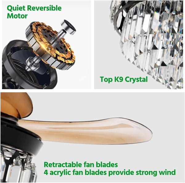 42" Crystal Ceiling Fan Lights with Remote 6 Wind Speed Crystal Chandelier Fan
