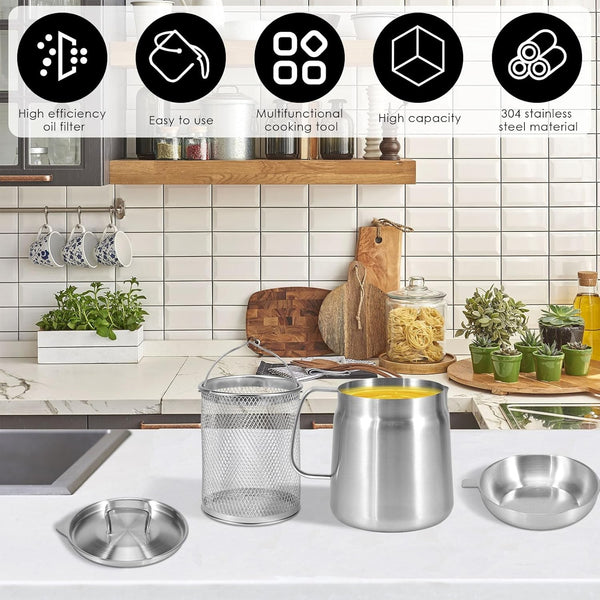 2L Stainless Steel Oil Filter Pot Deep Fryer Pot Oil Tank Kettle for Oil Storage