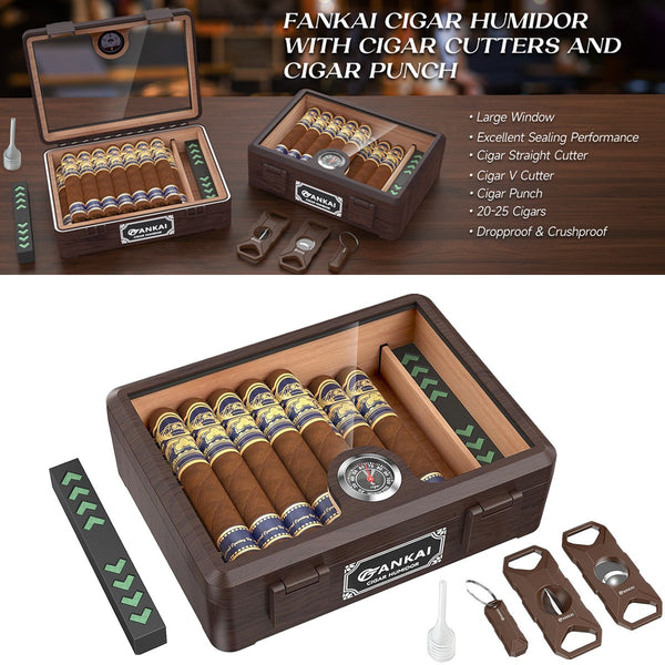 Cigar Humidor Glass Top Cigar Case with Cutter,Punch Tool,Humidifier &Hygrometer