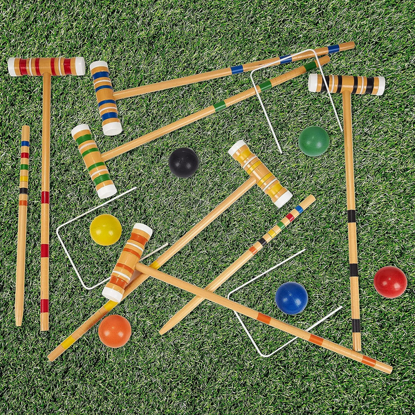 Classic Croquet Set Up to 6 Players Six Colour Coded Mallets Handles and Balls