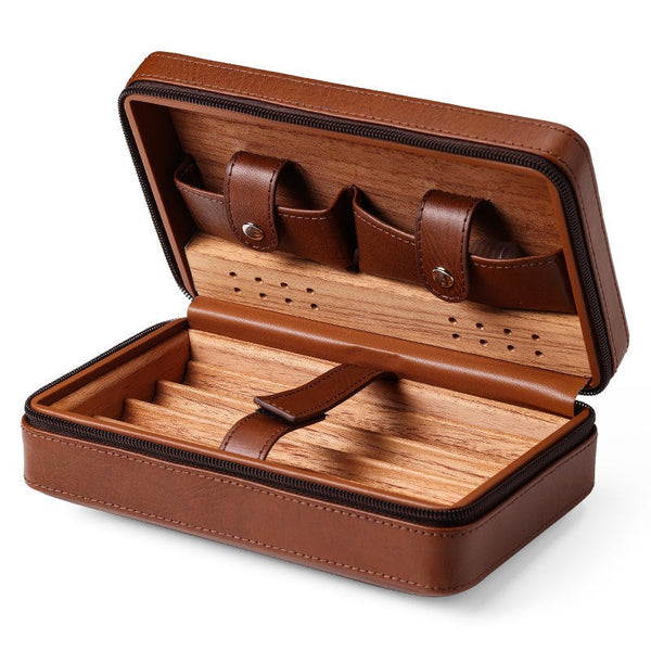 4-Finger Cigar Humidor Travel Cigar Case Holder Storage Wood Leather Box Gift AU