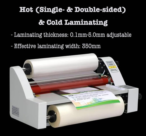 V350 Laminating Machine Hot Cold Roll Laminator Single/Dual Sided & 200m Film
