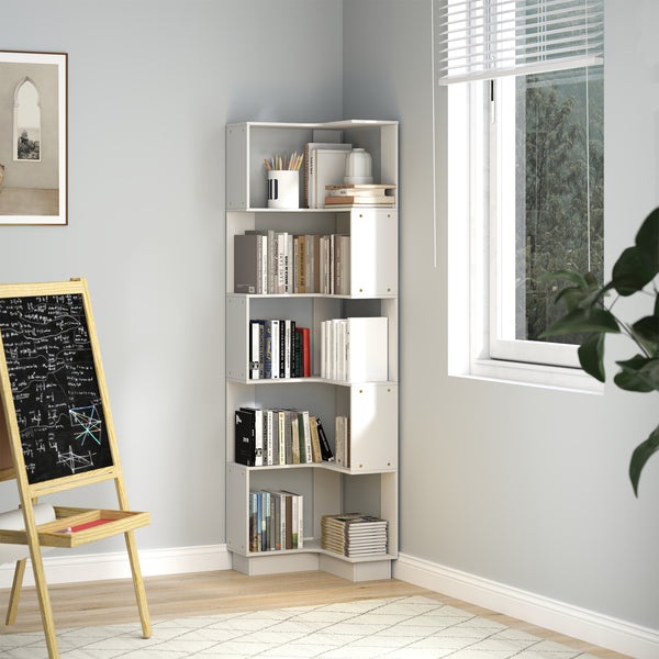 5 Tier Corner Bookshelf Open Display Bookcase for Study Office Books Organiser