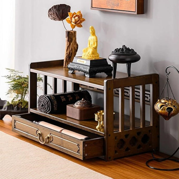 2-Tier Meditation Altar Table with Drawers 100% Bamboo Furniture for Displaying
