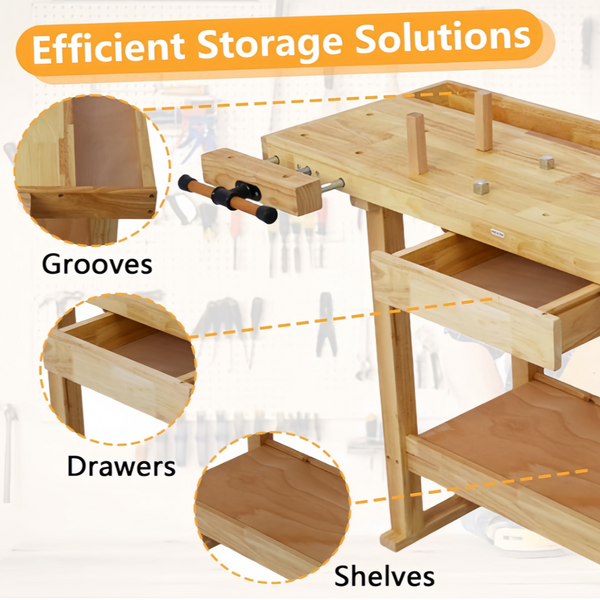 Heavy Duty Wood Workbench with Adjustable Handle & Storage for Garage Workshop