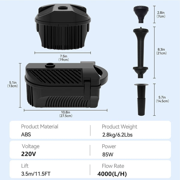 Pond Filter System ALL IN ONE 85W 4000LPH Pump Fountain Kit With 3 Fountain Head