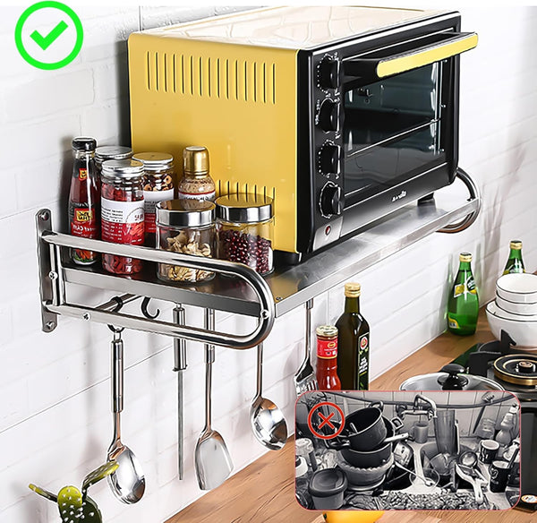 Wall Mounted Microwave Shelf Oven Deck with Hooks Stainless Steel Oven Organizer