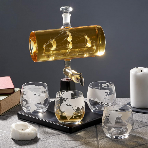 Whiskey Decanter Set with 4 Whisky Glasses 1000ml Ship Sails Set for Home Bar AU