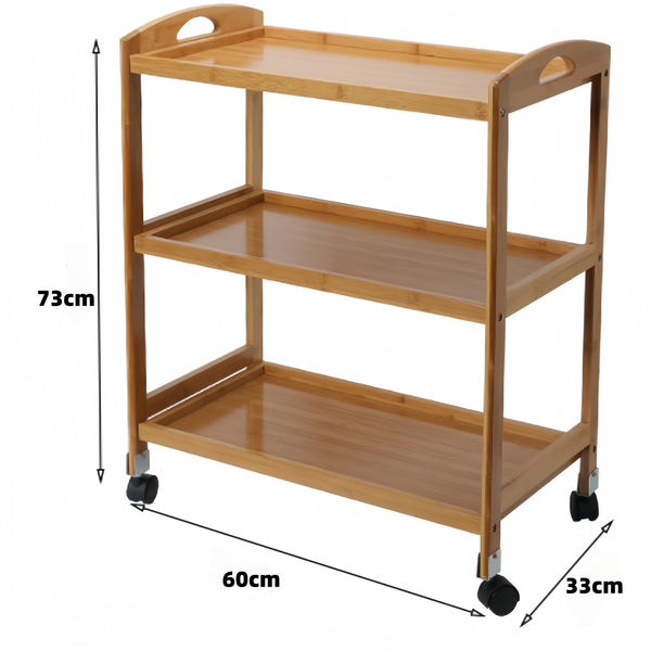 Solid Wood 3 Tier Shelf Serving Table with Wheels Bar Cart Kitchen Storage Cart