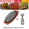 12" Cast Iron Steak Plate Sizzling Serving Platter Pan Sizzler Plate & Wood Base