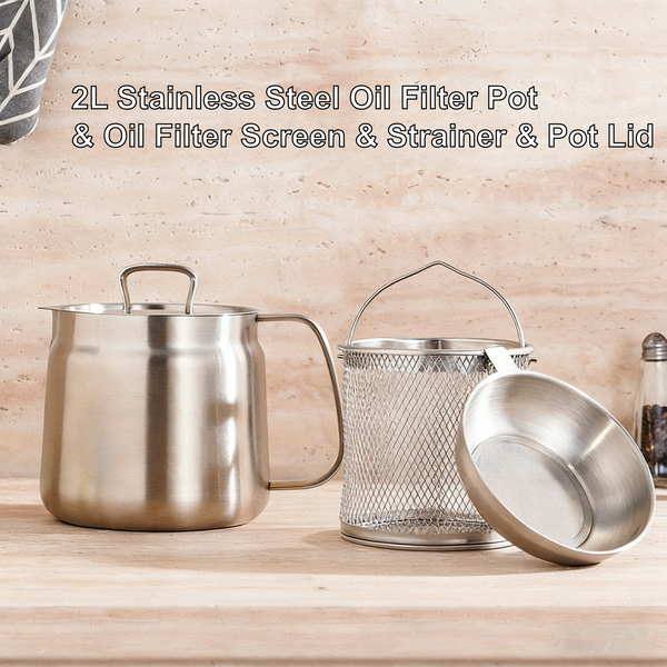 2L Stainless Steel Oil Filter Pot Deep Fryer Pot Oil Tank Kettle for Oil Storage