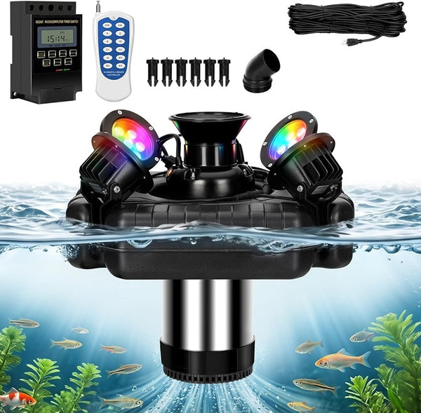 Stainless Steel Pond Fountain Aerator 4 RGB Lights Fountain Pump Pond Lake Pool