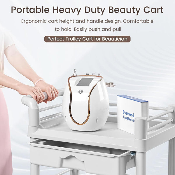 Beauty Trolley Cart with Wheel Esthetician Cart with Handrail, Bucket and Drawer