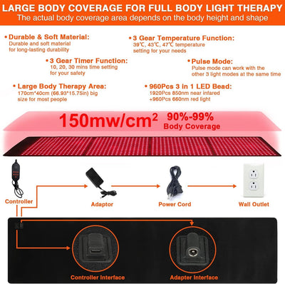 960pcs LED 660mm&850mm Near Infrared Red Light Therapy Mat For Body Pain Relief