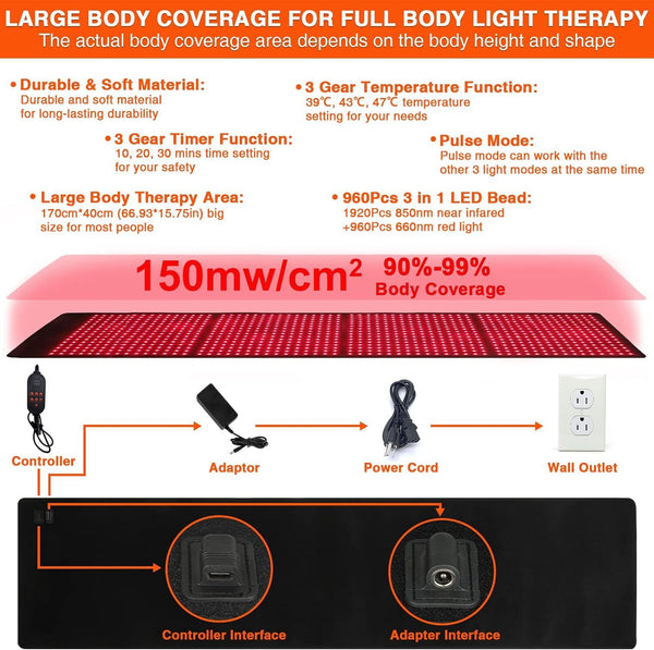 960pcs LED 660mm&850mm Near Infrared Red Light Therapy Mat For Body Pain Relief
