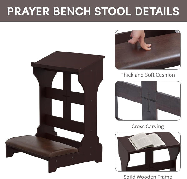 Wood Prayer Bench Stool Kneeler with Shelf and Cushion Church Prayer Table Chair