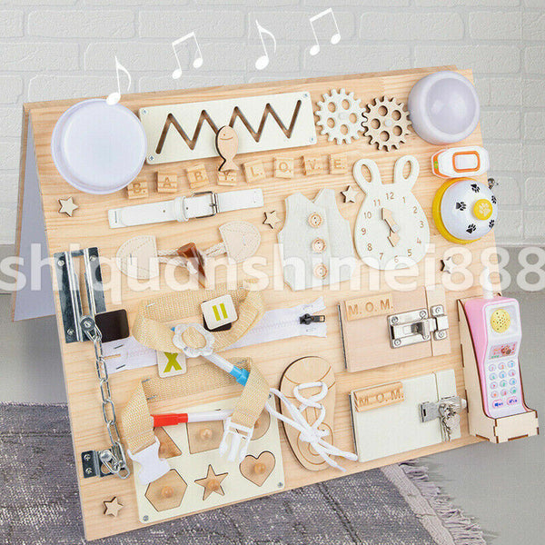 Montessori Unlock Toy Baby Double Sided Busy Board Wooden Sensory Toys Learning