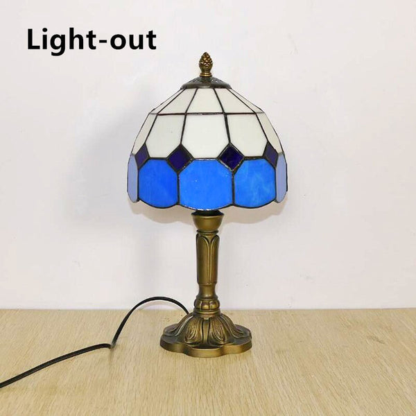 Vintage Tiffany Table Lamps 8" Stained Glass Table Lamp Blue White Lattice Style