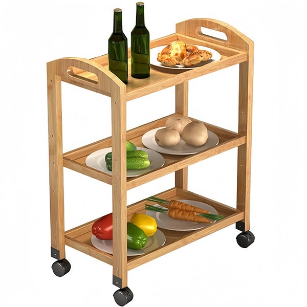 Solid Wood 3 Tier Shelf Serving Table with Wheels Bar Cart Kitchen Storage Cart
