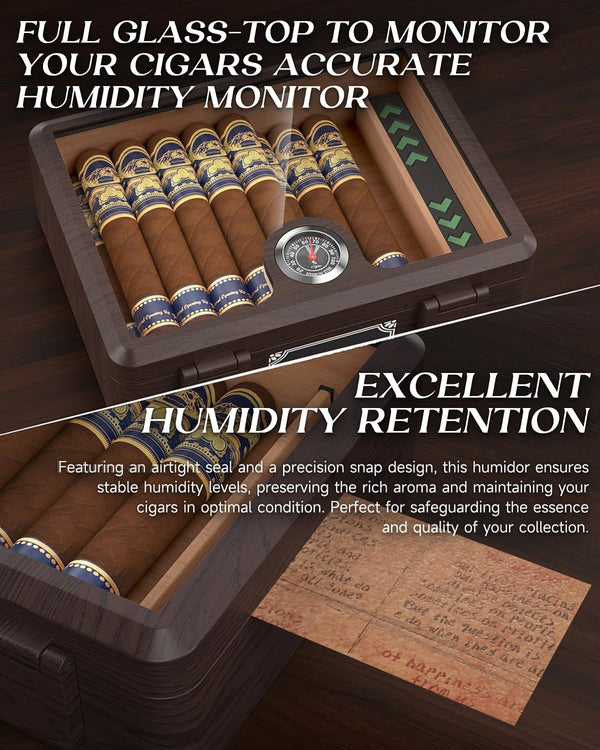Cigar Humidor Glass Top Cigar Case with Cutter,Punch Tool,Humidifier &Hygrometer