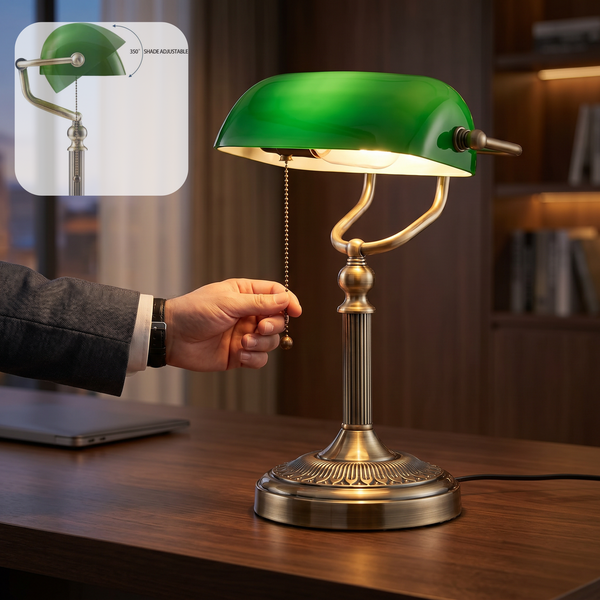 Classical Banker Desk Lamp Pull Chain Switch Green Glass Light Home Deco AU Plug