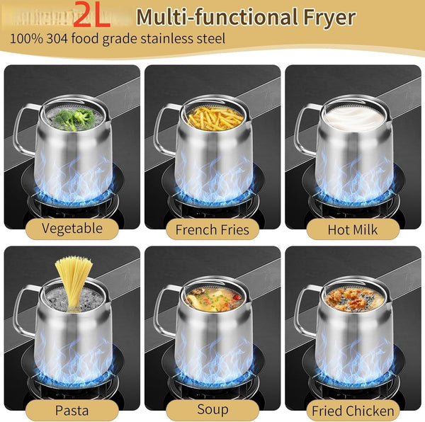 2L Stainless Steel Oil Filter Pot Deep Fryer Pot Oil Tank Kettle for Oil Storage