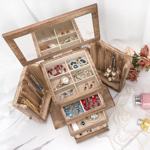 Large Wooden Jewellery Box Storage Mirror Organiser Necklace Rings Earring Gifts