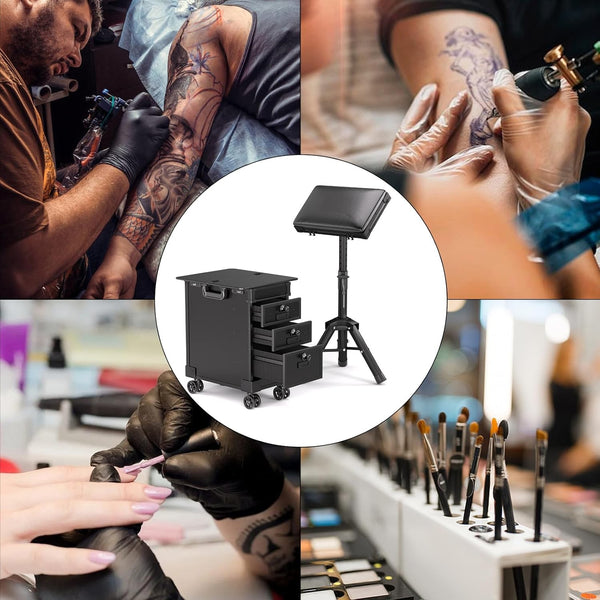 Tattoo Travel Case 5 In 1 Rolling Makeup Workstation with Armrest Stand 3 Drawer
