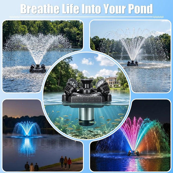 Stainless Steel Pond Fountain Aerator 4 RGB Lights Fountain Pump Pond Lake Pool