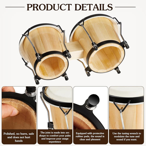 Bongo Drums 6”7” Wood Percussion Bongos for Kids Adults Beginners Natural Finish