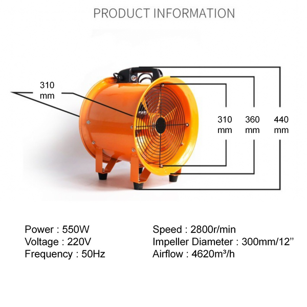 12'' Pipe Axial Fan Portable w/ 5m Hose&Handle Exhaust Fan for Spray Booth Paint