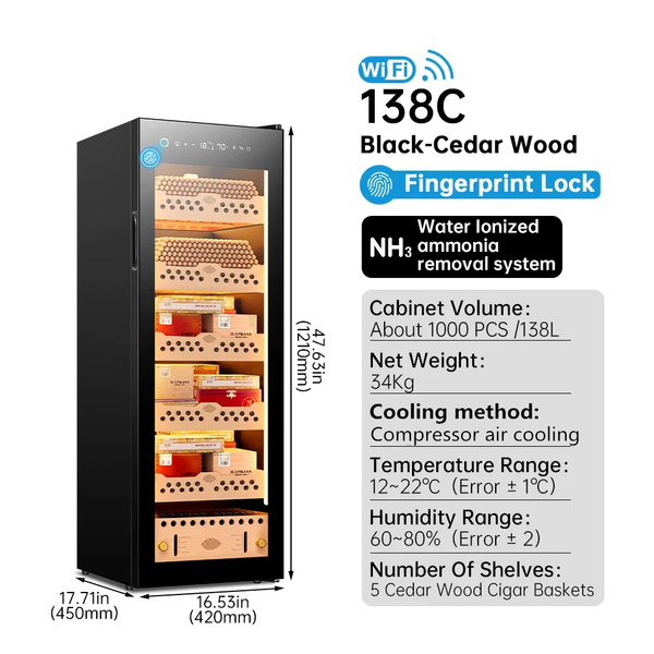 138L Cigar Humidor Cedar Wood 1000 Cigars Temperature Controlled Cigar Cabinet