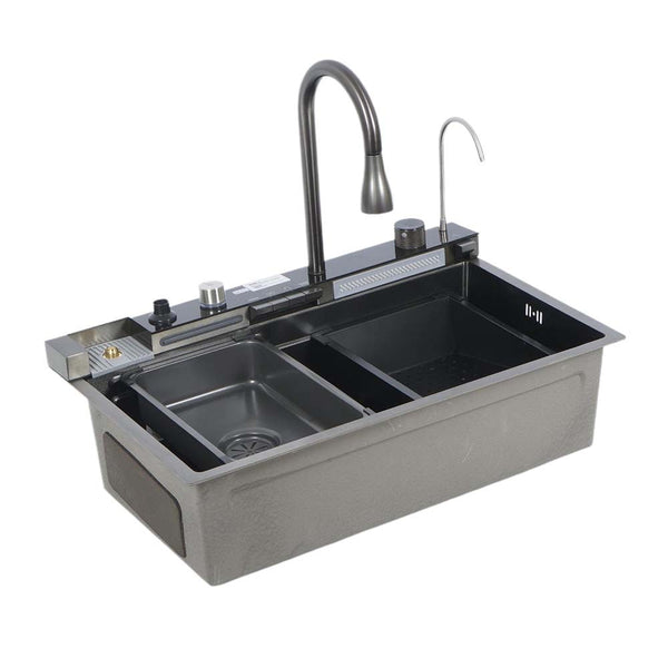 Kitchen Sink Single Bowl Basin Stainless Steel Bar w/Digital Faucet & Cup Washer