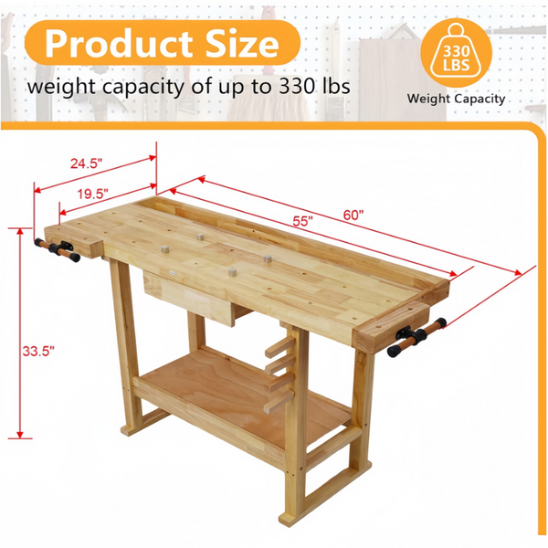 Heavy Duty Wood Workbench with Adjustable Handle & Storage for Garage Workshop