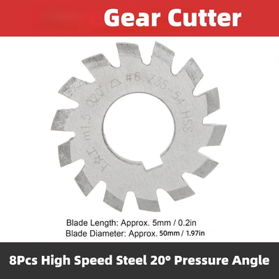 8Pcs Gear Milling Cutters with 20° Pressure Angle for Metric Module M1-M8 Gears