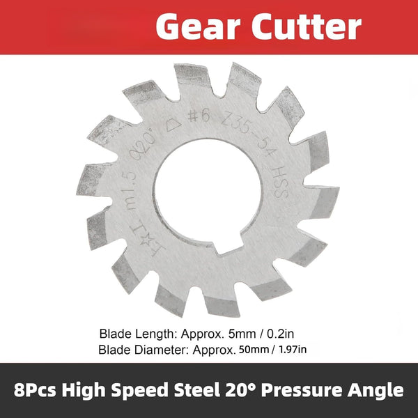8Pcs Gear Milling Cutters with 20° Pressure Angle for Metric Module M1-M8 Gears