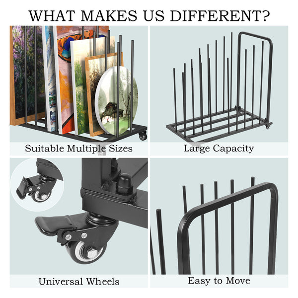 Art Drying Rack Metal Canvas Rack Art Storage with Handle & Caster Wheels Black